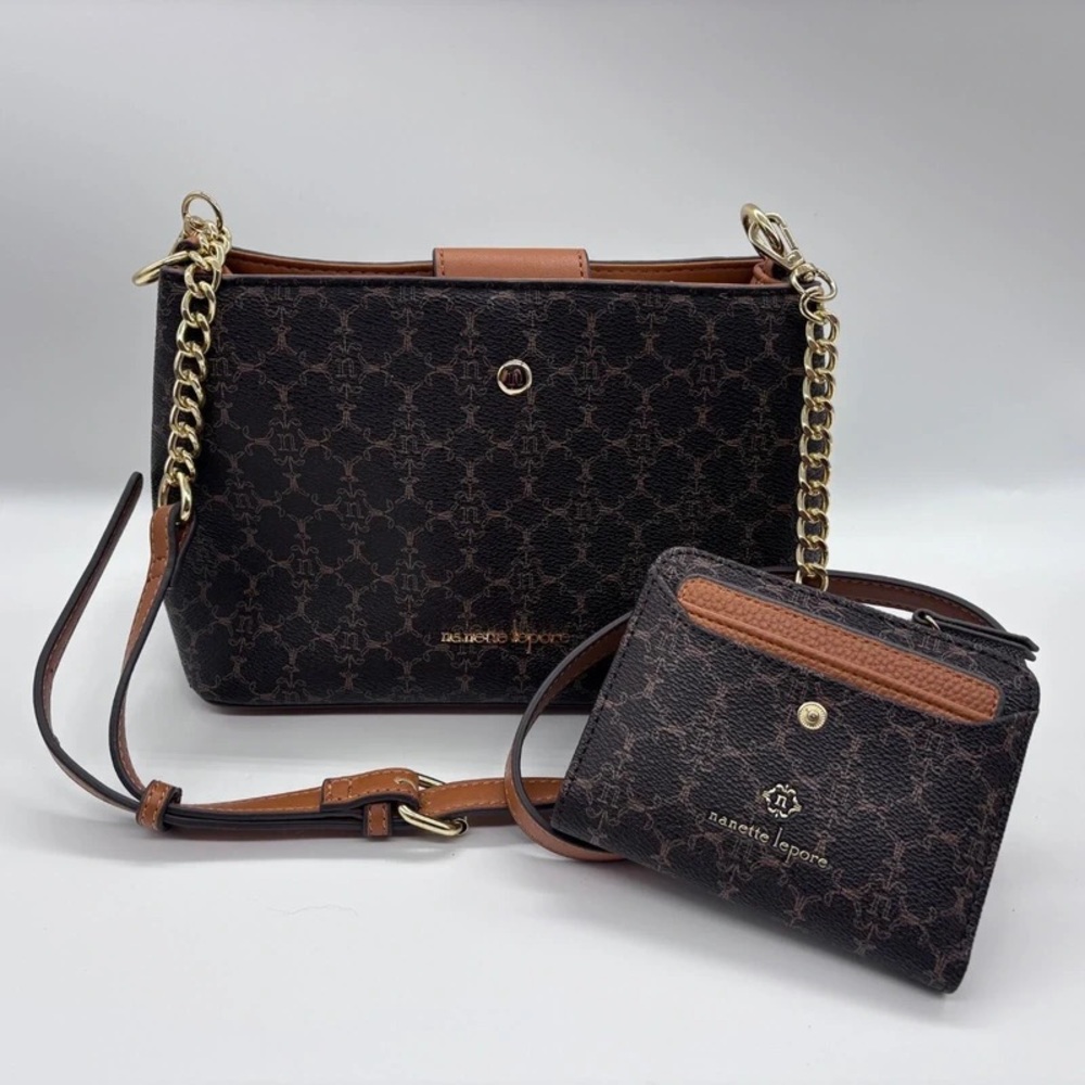 Nanette Lepore Dark Brown Monogram Crossbody with Tan Trim and Gold Chain